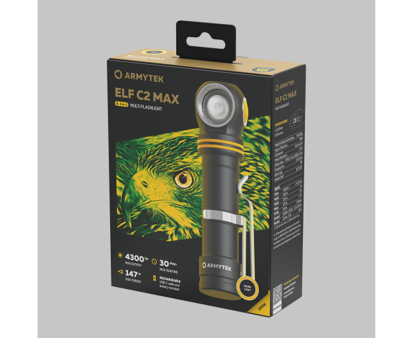 Фонарь ArmyTek Elf C2 MAX (Black; Теплый; 4300Lm; акк.21700-5000mAh)